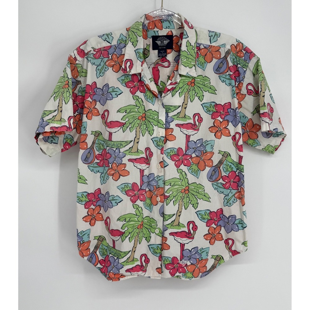 Dockers Womens Petite Sz M Tropical Flamingo Palm Tree Cotton Button Down White